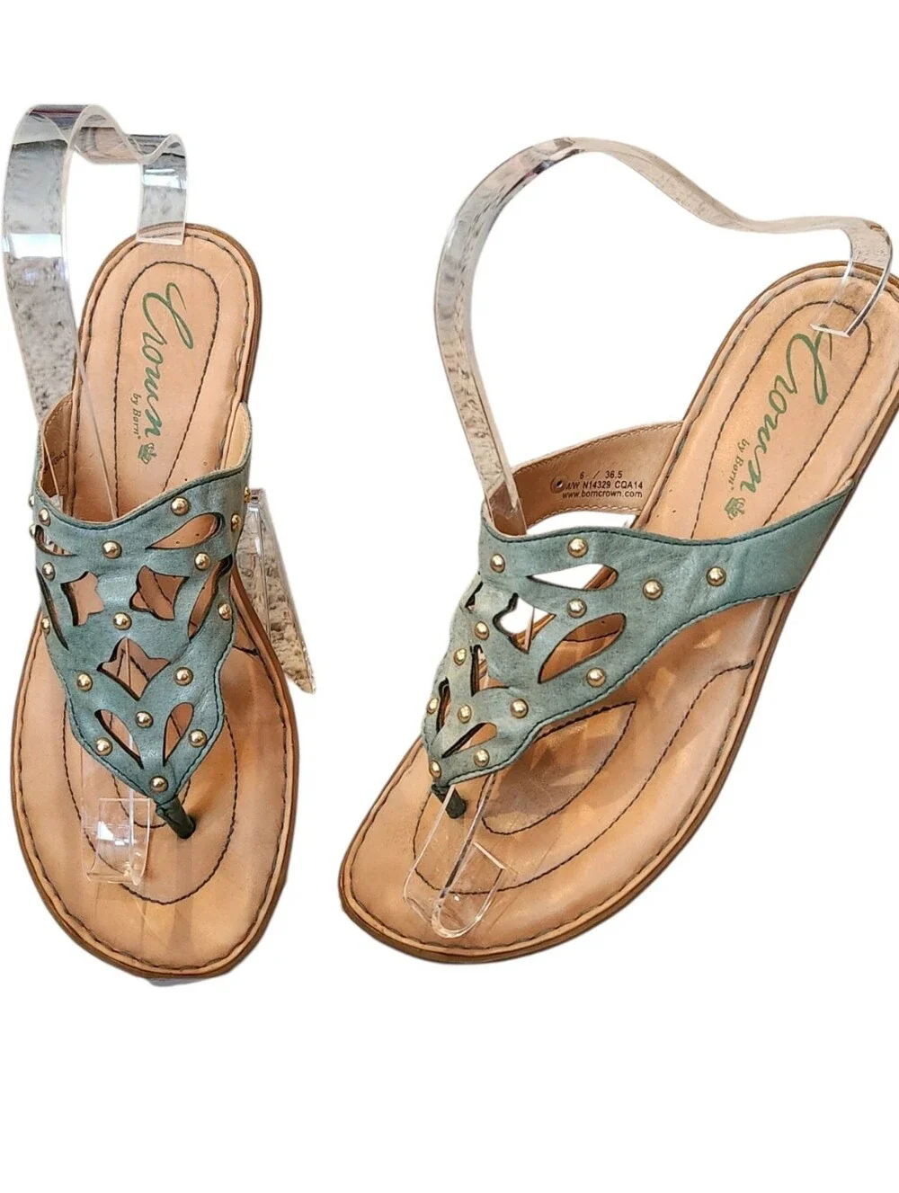 Crown by Born Sage Green Gold Studded Cutout Leather Thong Sandals Size 6 Flats